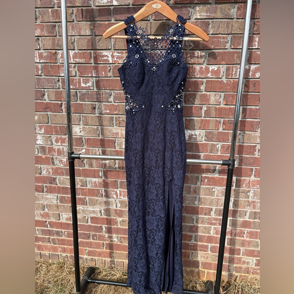 Dark Blue Navy Prom Formal Dress With Lace Cutouts